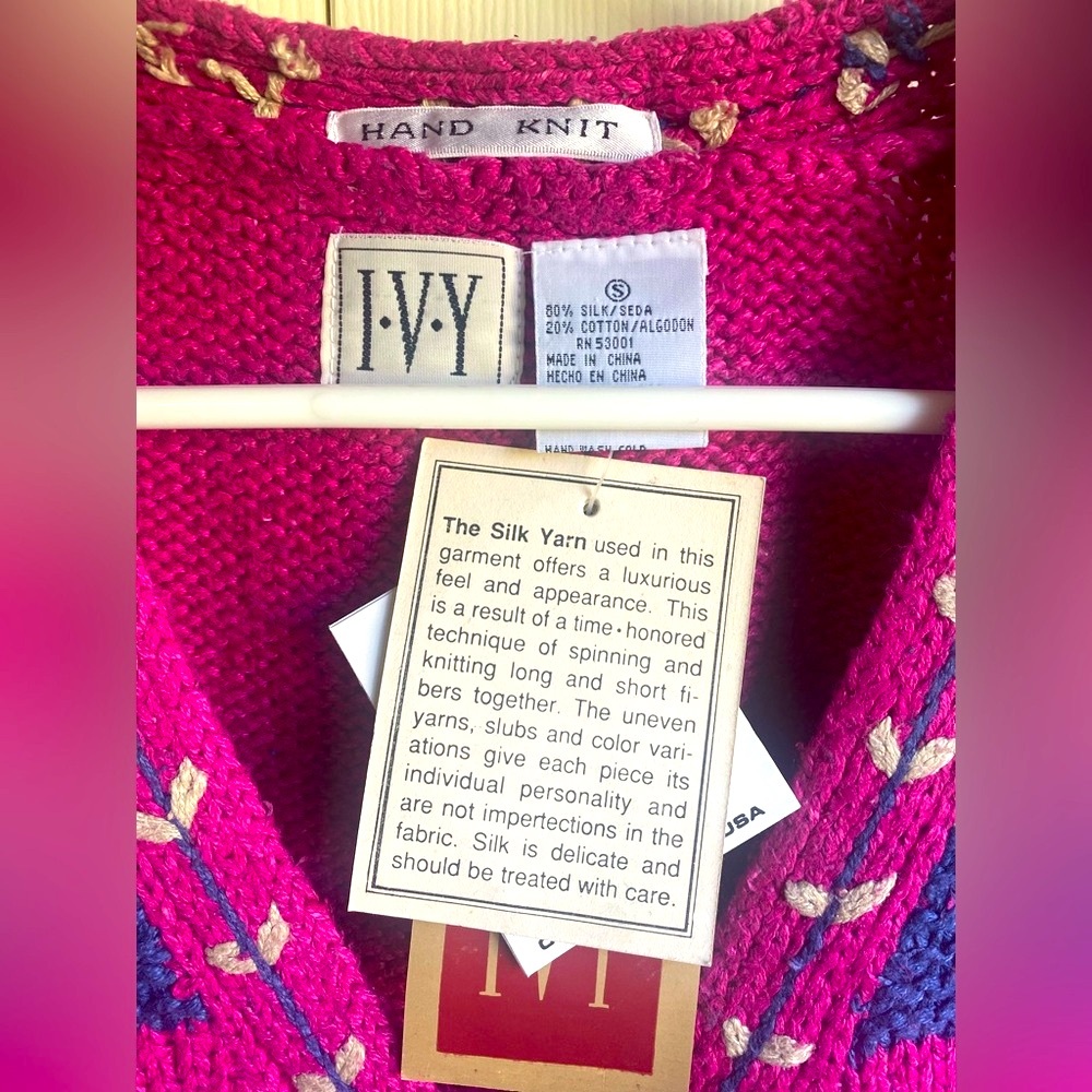 NWT Hand Knit Vintage style Silk Blend Patterned V-Neck Cardigan Size S - Picture 9 of 12